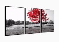Quadros Decorativos Arvore Vermelho Botanico Sala 120x60 3 peças com moldura filete - Foto 3