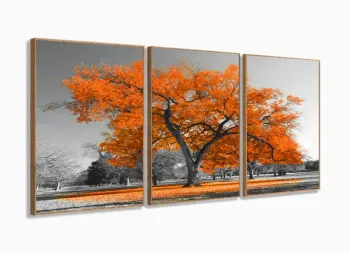 Quadros Decorativos Arvore Vida Laranja Sala Quarto 120x60 3 peças com moldura filete