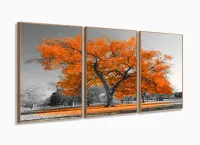 Quadros Decorativos Arvore Vida Laranja Sala Quarto 120x60 3 peças com moldura filete