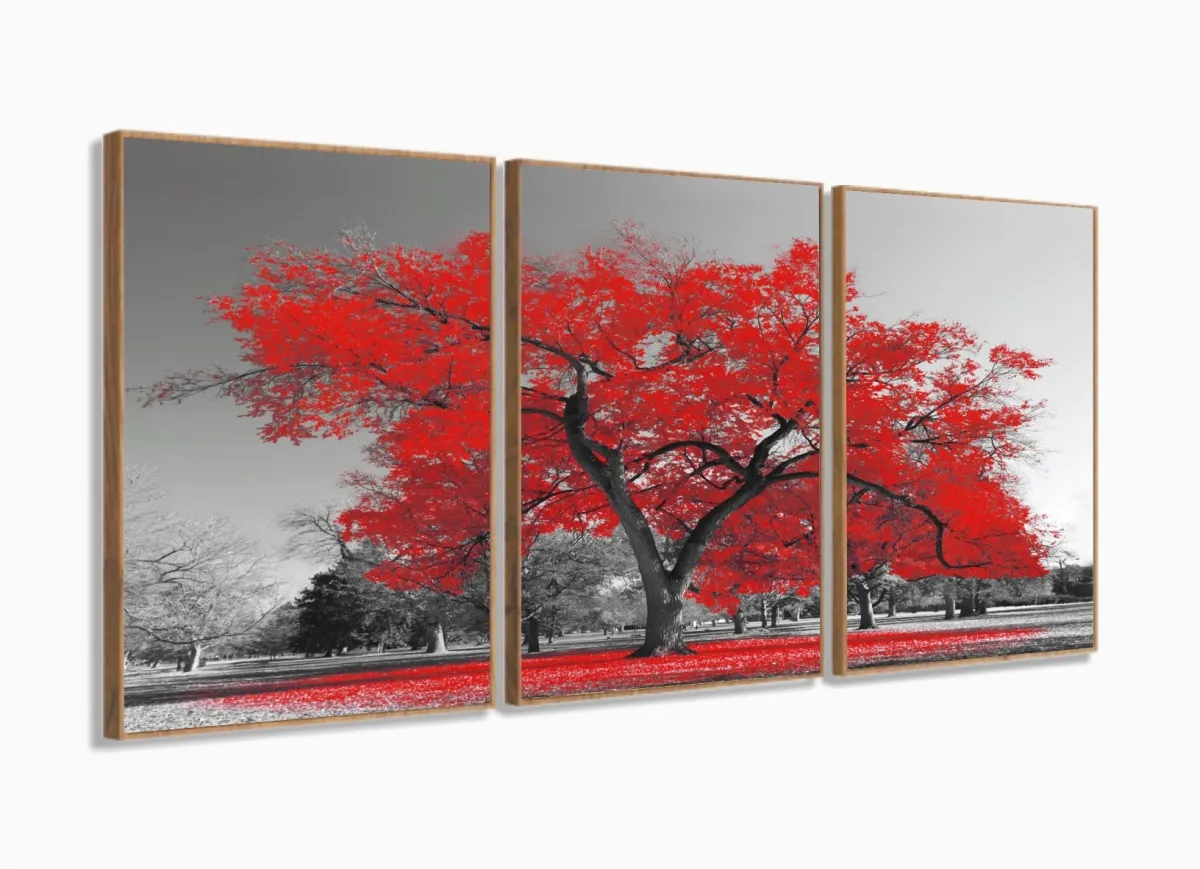 Quadros Decorativos Arvore Vida Vermelho Sala 120x60 3 peças com moldura filete Imagem