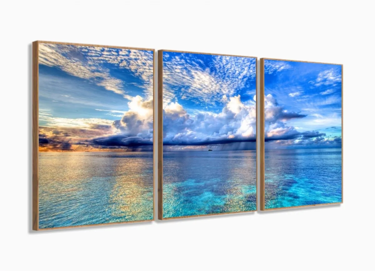 Quadros Decorativos Mar Chuva 120x60 3 peças em Tecido com moldura filete Imagem