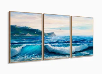Quadros Decorativos Paisagem Mar Praia Recepção Sala 120x60 3 peças com moldura filete