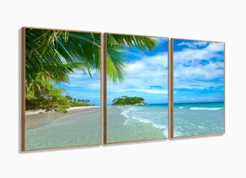 Quadros Decorativos Praia Ilha 120x60 3 peças em Tecido com moldura filete