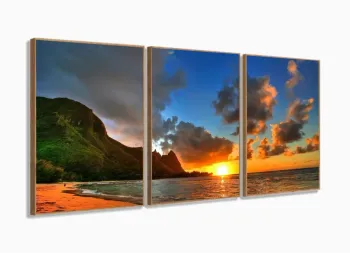 Quadros Decorativos Praia Por Do Sol Hd 120x60 3 peças em Tecido com moldura filete