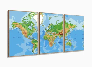 Quadro Decorativo Mapa Mundi Color 3pc 120x60 com moldura filete