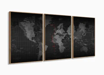 Quadro Decorativo Mapa Mundi Geografico 3pç tecido com moldura filete