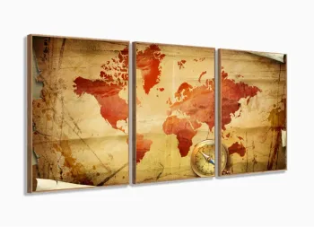 Quadro Decorativo Mapa Mundi Retro 120x60 3 peças com moldura filete