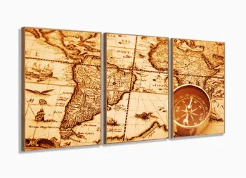 Quadro Decorativo Mapa Mundi Retro 120x60 em tecido com moldura filete