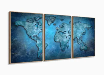Quadro Mapa Mundi Antigo Azul Decorativo Sala Quarto 125x60 com moldura filete