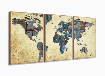 Quadro Mapa Mundi Decorativo Vintage Telas Em Tecido 3 Peças 2 com moldura filete