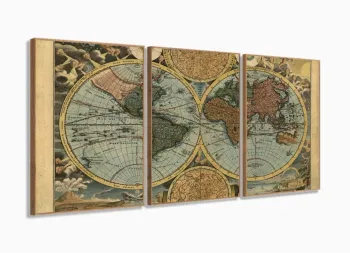 Quadros Decorativos Mapa Mundi Retrô Geografia Escola 120x60 3 peças com moldura filete