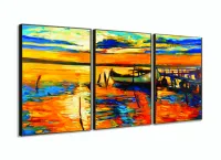 Quadro Decorativo Pintura Barco Na Costa 120x60 Sala Quarto com moldura filete - Foto 2