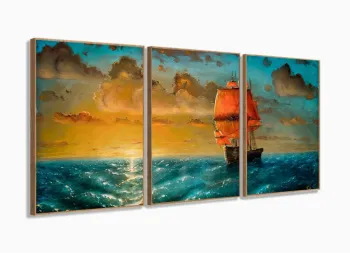 Quadro Decorativo Pintura Navio 120x60cm 3 Peças Em Tecido com moldura filete