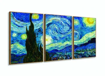 Quadro Van Gogh Noite Estrelada Decorativo Para Sala 120x60 3 peças com moldura filete