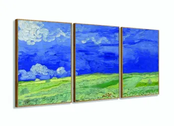 Quadro Van Gogh Paisagem Campos Trigo Decorativo 3 Peças 120x60 em tecido com moldura filete