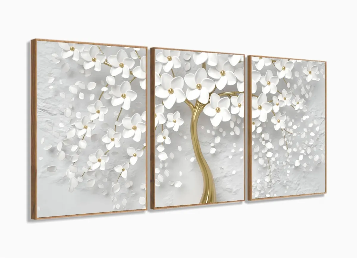 Quadro Decorativo  Sala Quarto Flores Cerejeiras 3 Telas com moldura filete Imagem