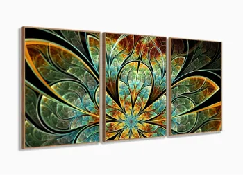 Quadro Decorativo Flor Fractal 120x60 3 peças com moldura filete