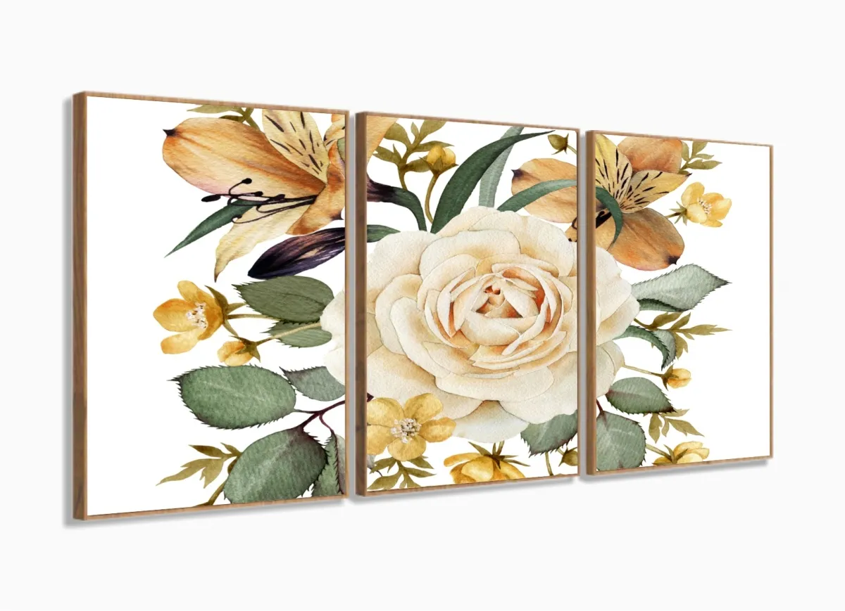 Quadro Decorativo Flor Grande 120x60 mosaico 3 peças em tecido com moldura filete Imagem