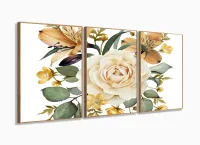 Quadro Decorativo Flor Grande 120x60 mosaico 3 peças em tecido com moldura filete