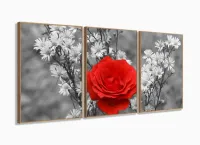 Quadro Decorativo Flor Vermelha Mosaico Em Tecido 3 Peças 1R com moldura filete