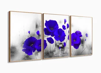 Quadro Decorativo Flores Azul 120x60 3 peças com moldura filete