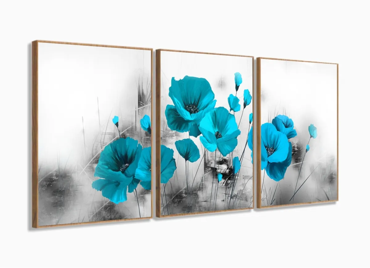 Quadro Decorativo Flores Azul Céu 120x60 3 peças com moldura filete Imagem