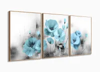 Quadro Decorativo Flores Azul Claro 120x60 3 peças com moldura filete