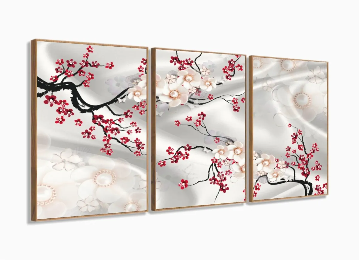 Quadro Decorativo Flores Cerejeira Estilo 3d 120x60 3 peças com moldura filete Imagem