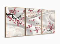 Quadro Decorativo Flores Cerejeira Estilo 3d 120x60 3 peças com moldura filete