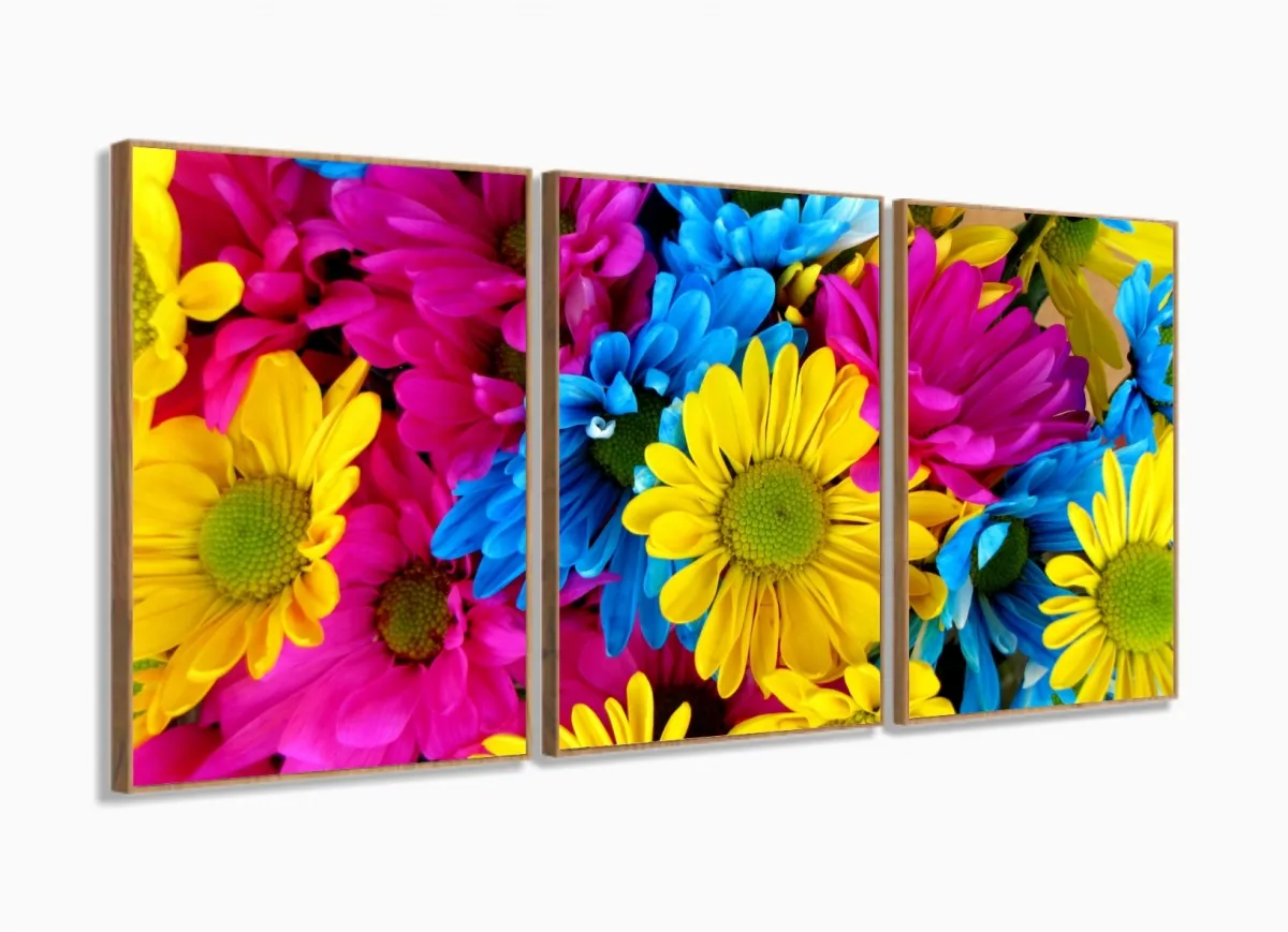 Quadro Decorativo Flores Coloridas Sala Em Tecido120x60 3 peças com moldura filete Imagem