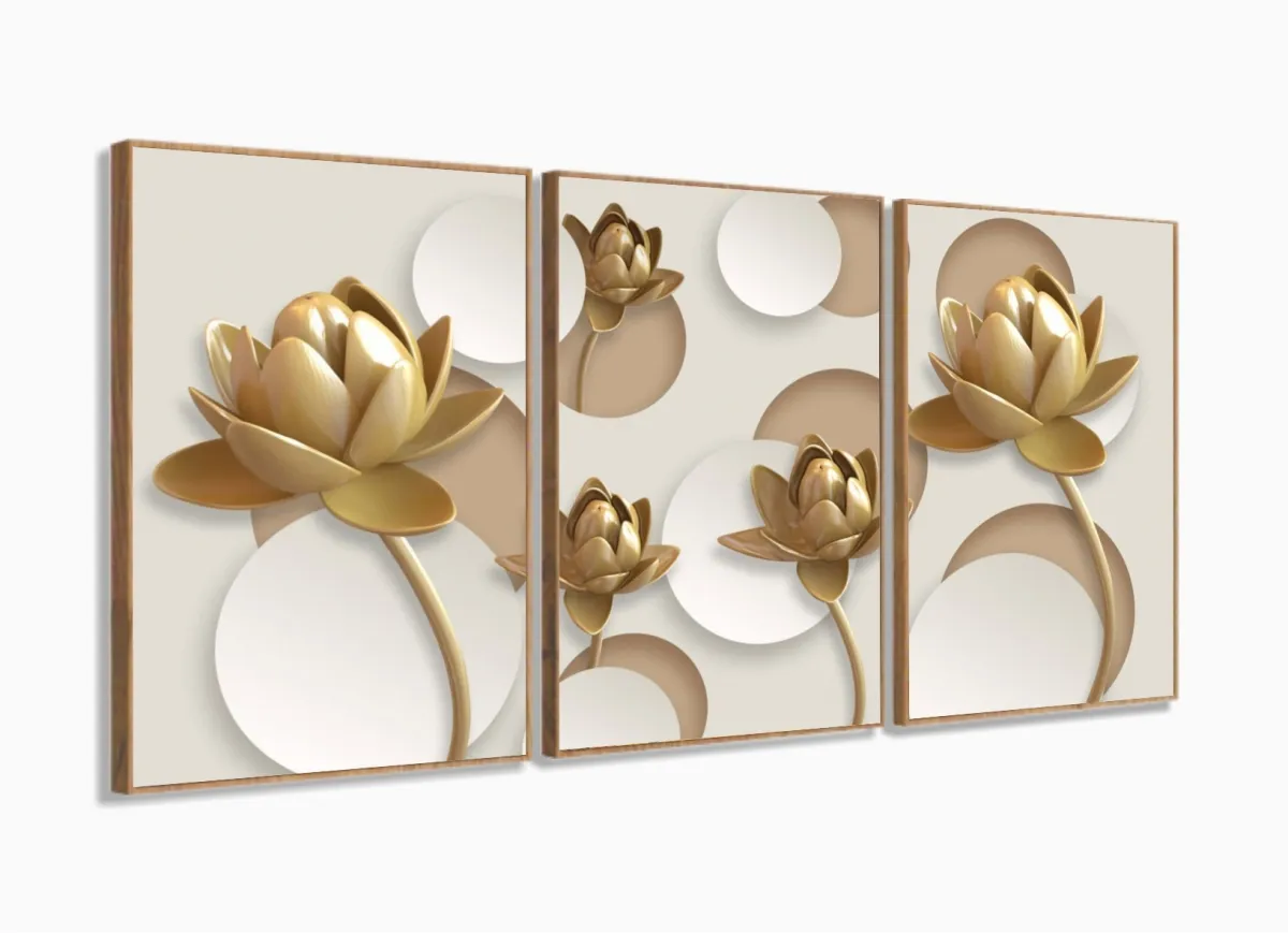 Quadro Decorativo Flores Douradas 3d 120x60 3 peças com moldura filete Imagem