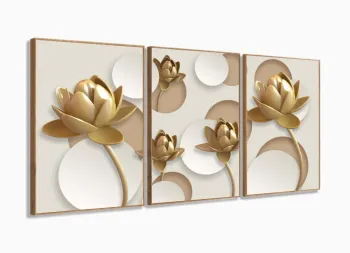 Quadro Decorativo Flores Douradas 3d 120x60 3 peças com moldura filete