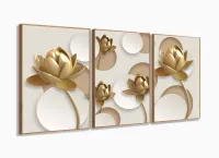 Quadro Decorativo Flores Douradas 3d 120x60 3 peças com moldura filete