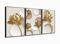 Quadro Decorativo Flores Douradas 3d 120x60 3 peças com moldura filete - Foto 3