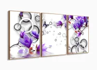 Quadro Decorativo Flores e Arcos Roxo Estilo 3d 120x60 3 peças com moldura filete