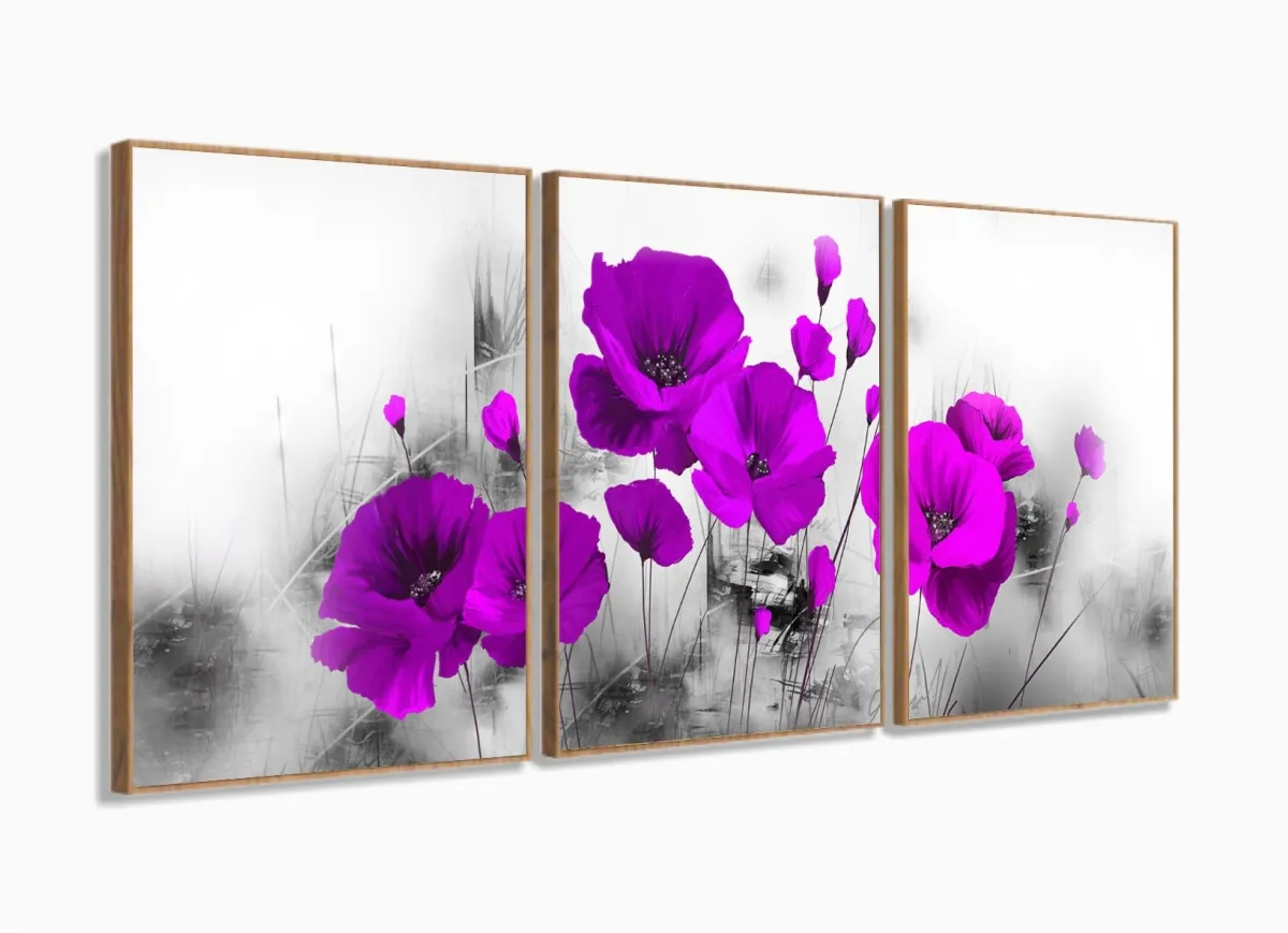 Quadro Decorativo Flores Magenta 120x60 3 peças com moldura filete Imagem