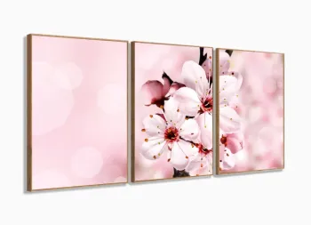 Quadro Decorativo Flores Rosa para Hall em tecido 3 peças com moldura filete