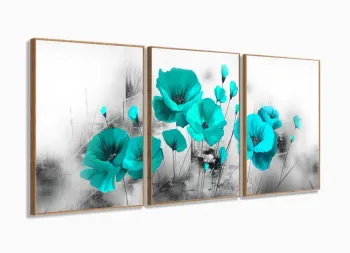Quadro Decorativo Flores Verdes 120x60 3 peças com moldura filete