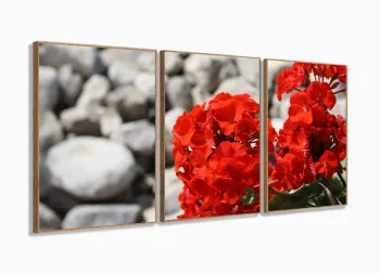 Quadro Decorativo Flores Vermelha Sala Em Tecido120x60 3 peças com moldura filete