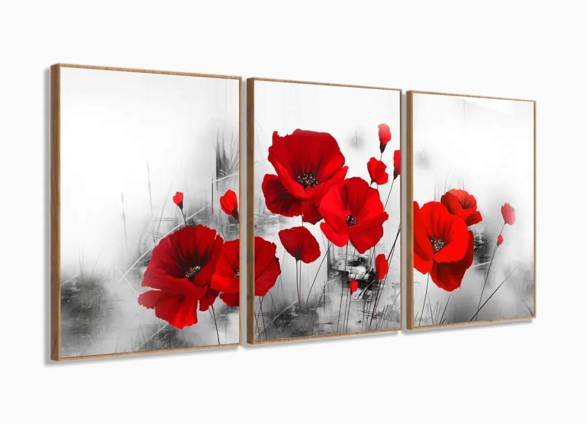 Quadro Decorativo Flores Vermelhas 120x60 3 peças com moldura filete Imagem