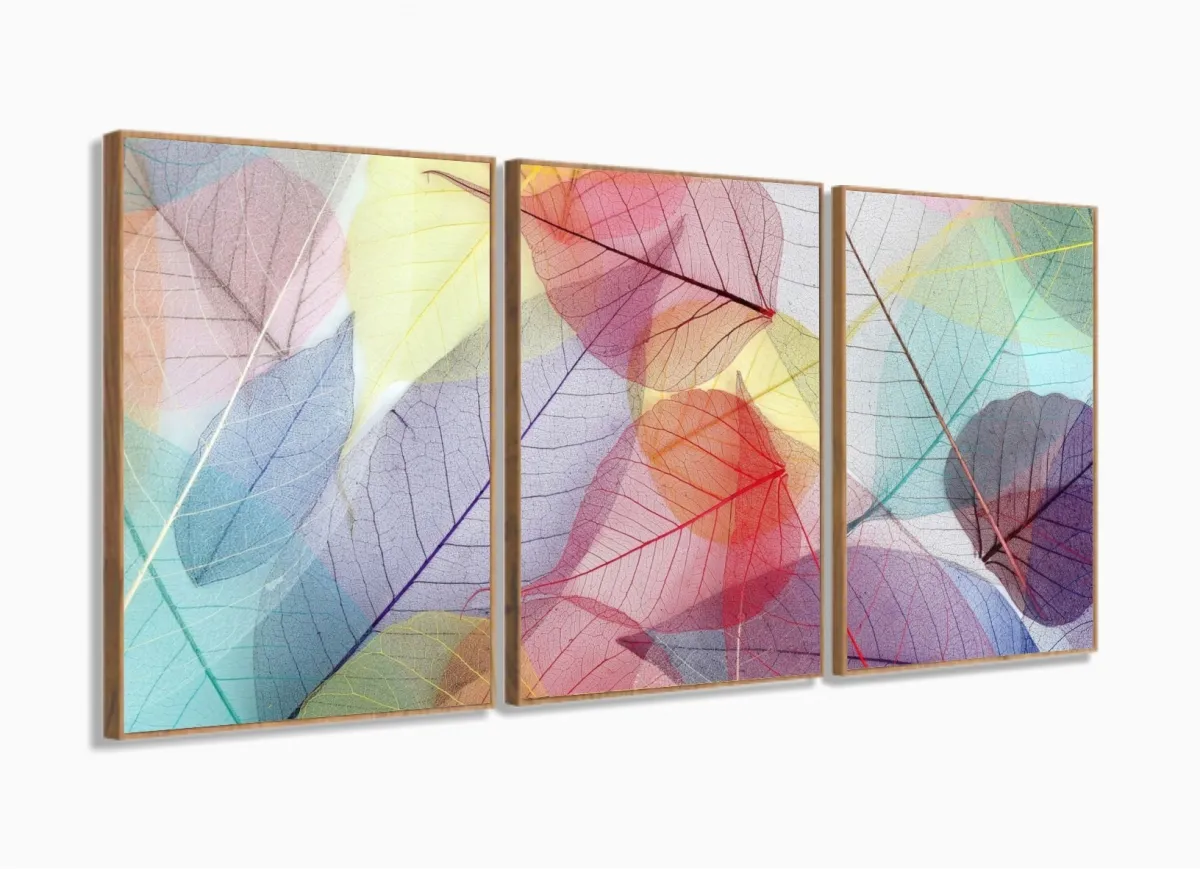 Quadro Decorativo Folhas Coloridas em tecido 3 peças 120x60 em tecido com moldura filete Imagem