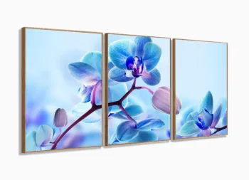 Quadro Decorativo Orquidea Azul Mosaico 3 peças 120x60 sala quarto com moldura filete
