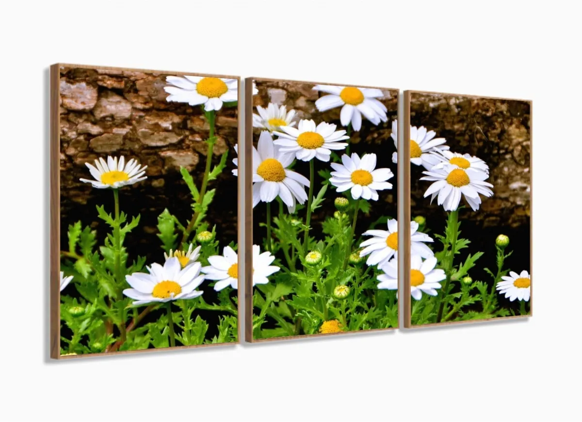 Quadro Decorativo Paisagem Flores Tela Em Tecido 3 Peças com moldura filete Imagem