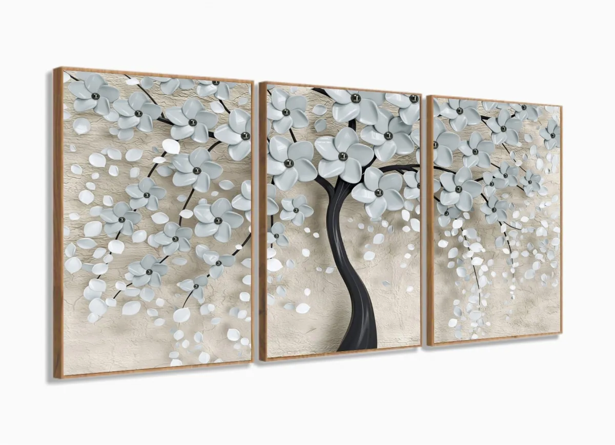 Quadro Decorativo Para Sala Quarto Flores Cerejeiras 120x60 3 peças com moldura filete Imagem