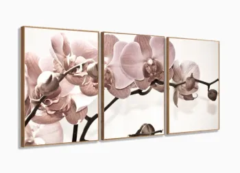 Quadro Flores Orquídeas Para Sala Recepção Tecido 120x60 em tecido 3 peças com moldura filete