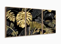 Quadro Folhas Douradas Tropical Conjunto 120x60 3 peças m02 com moldura filete