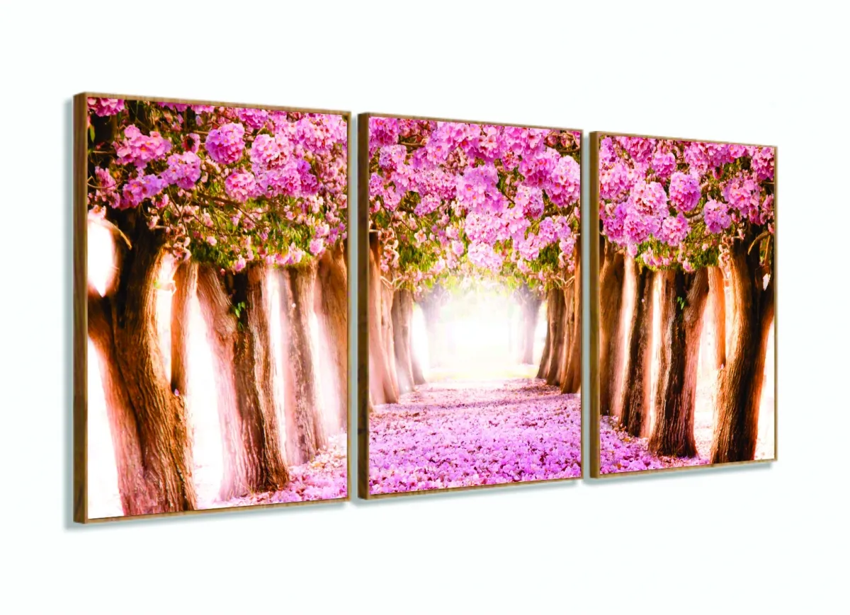 Quadro Paisagem Flores Rosa Mosaico Em Tecido 3 Peças Imagem