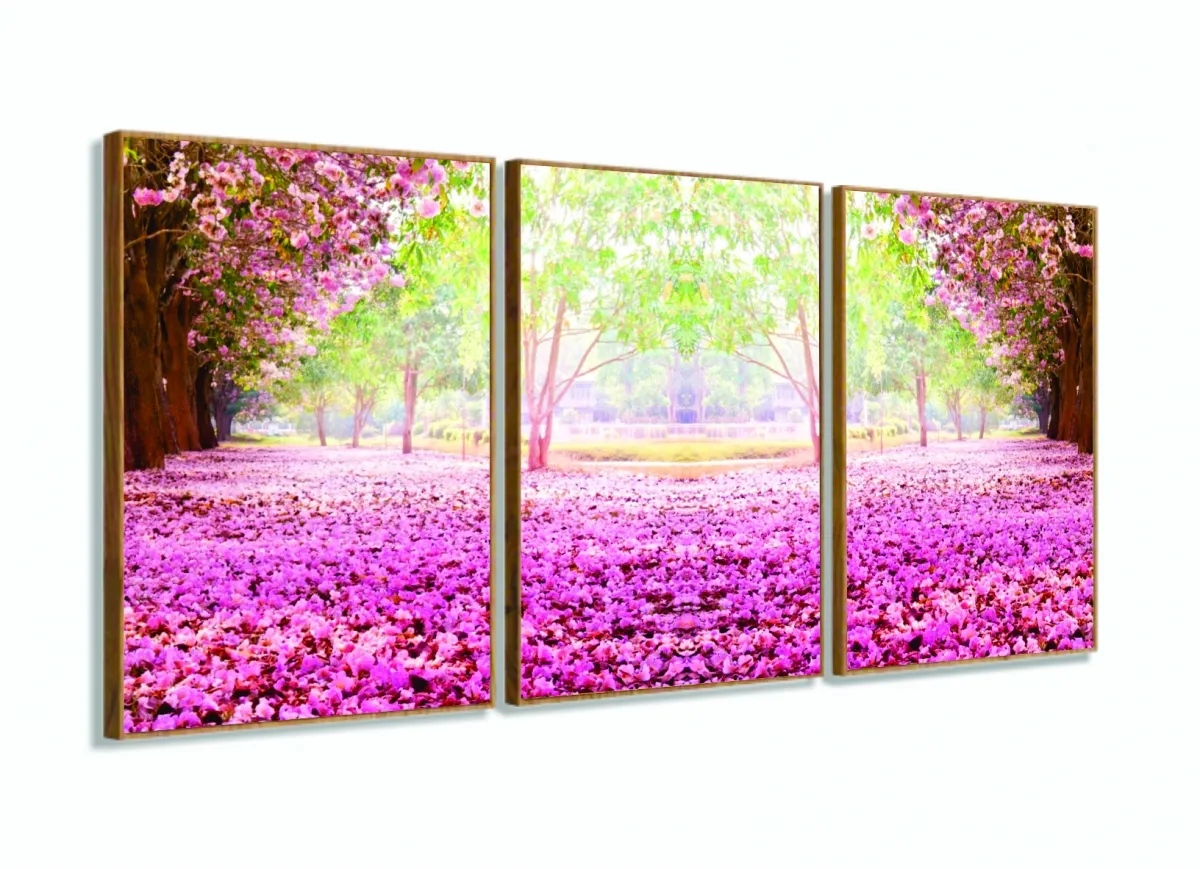 Quadro Paisagem Flores Rosas Sala Mosaico Em Tecido 120x60 3 peças Imagem