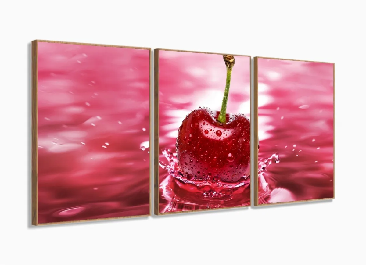 Quadros Decorativos Cozinha Cereja 120x60 3 peças com moldura filete Imagem