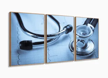 Quadro Decorativo 5 peças Medicina Stetoscópio Azul 120x60 3 peças com moldura fileteete